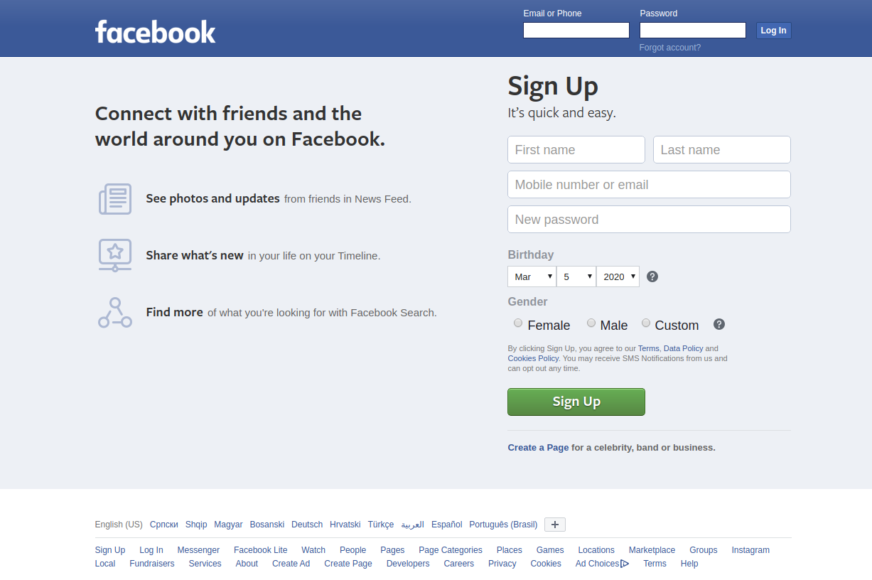 Facebook log in page