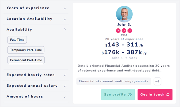 Filtering feature based on a contract type for hiring platform