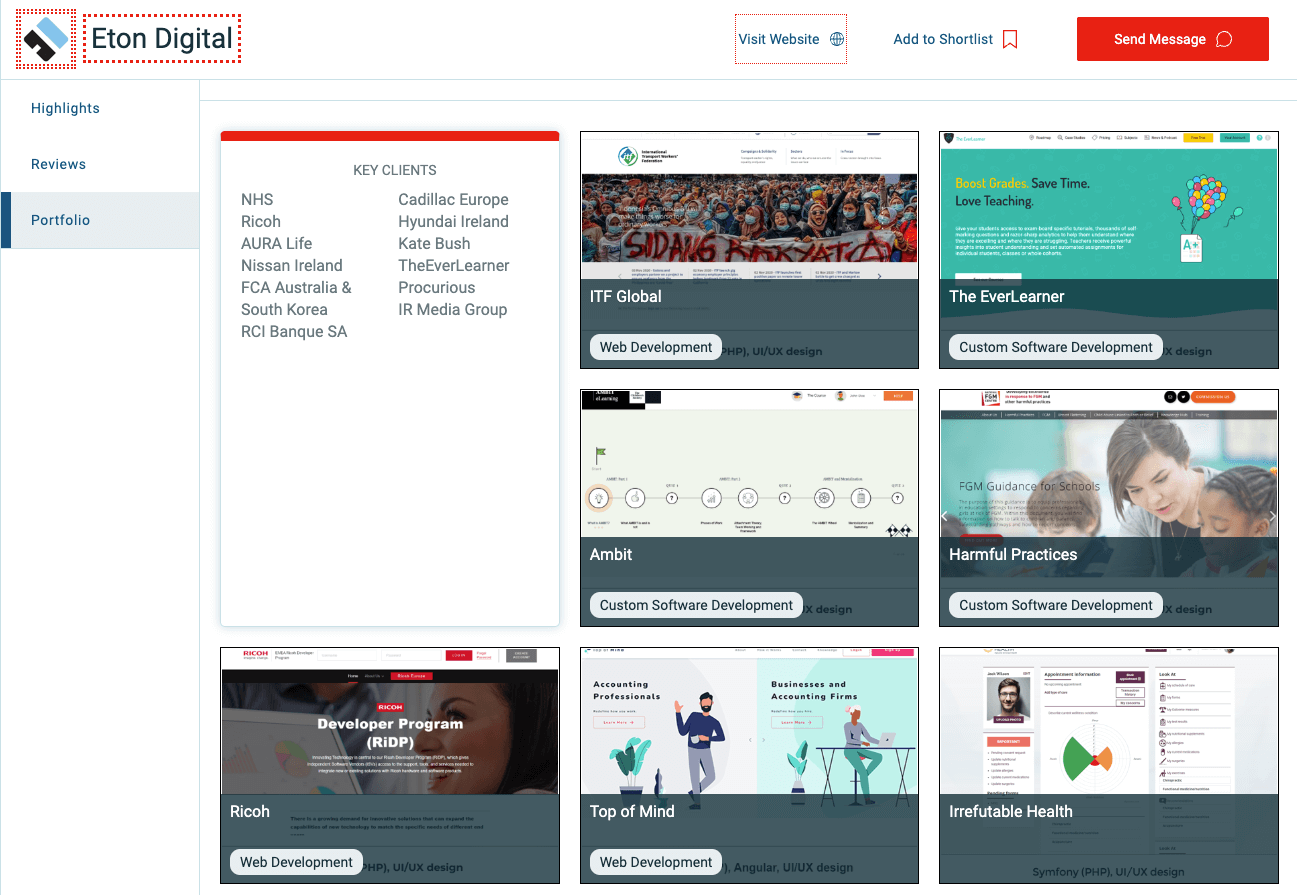 This image is a screenshot of EtonDigital's Clutch portfolio, showing its key clients, industries and types of projects. 